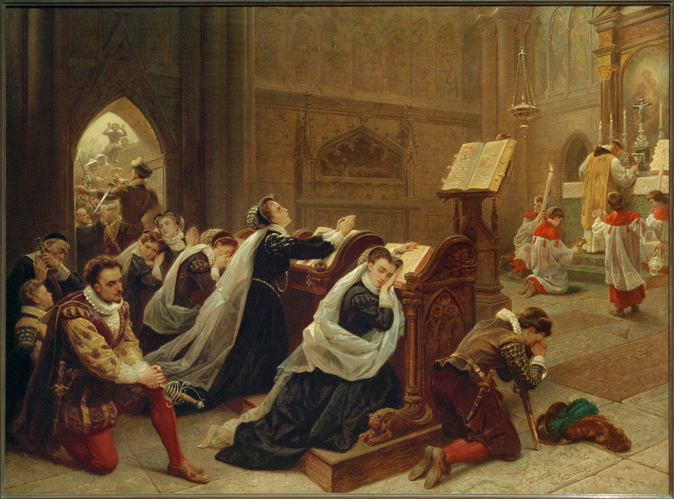 Maria Stuart nach ihrer Rückkehr aus Frankreich in Hollyroodhouse die erste Messe hörend. od Emanuel Leutze