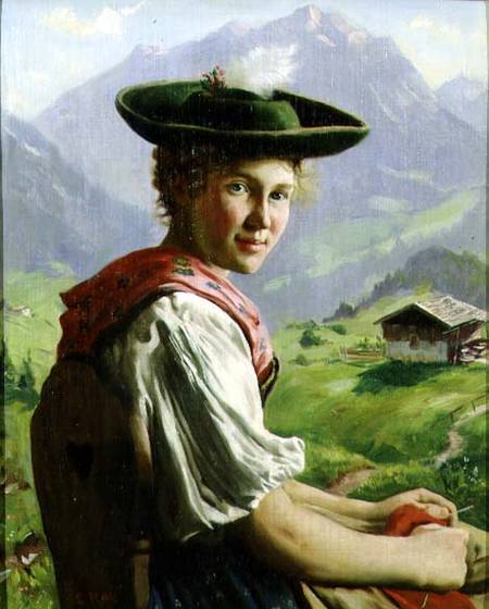 Girl with a Hat in Mountain Landscape od Emil Karl Rau