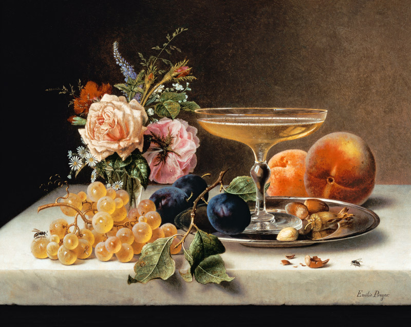 Früchtestilleben with flowers and champagne bowl od Emilie Preyer