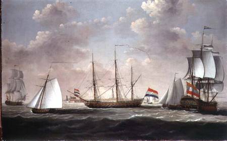 The East Indiaman 't Slot ter Hooge' and other shipping in a brisk breeze off a Dutch port, possibly od Engel Hoogerheyden