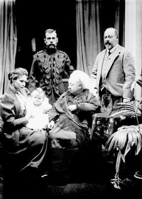 Queen Victoria, Tsar Nicholas II, Tsarina Alexandra Fyodorovna, her daughter Olga Nikolaevna and Alb od English Photographer, (19th century)