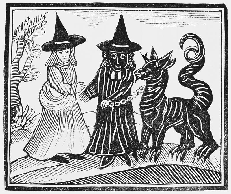 A Black and a White Witch with a Devil Animal, illustration from a collection of chapbooks on esoter od English School