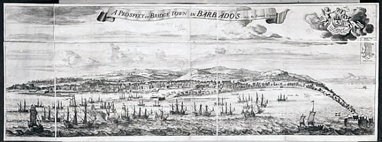 A Prospect of Bridge Town in Barbados, drawn by Samuel Copen and ; engraved by Johannes Kip od English School