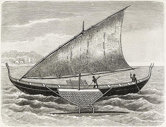 Boat of the Mortlock Islands, with outrigger and sail of rush-matting, from ''The History of Mankind od English School