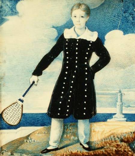 Boy with Badminton Racket (w/c on card) od English School
