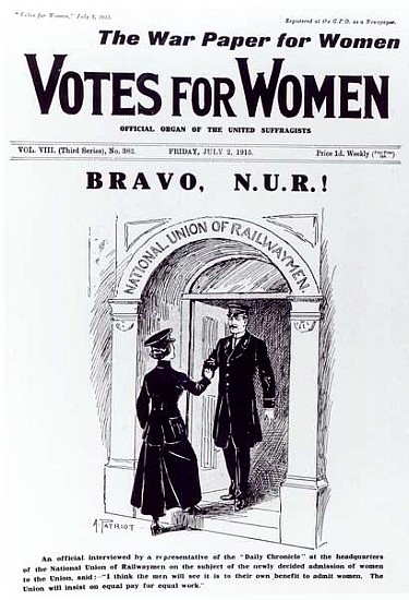 Bravo, N.U.R!, front cover of ''Votes for Women'', July 2nd 1915 od English School