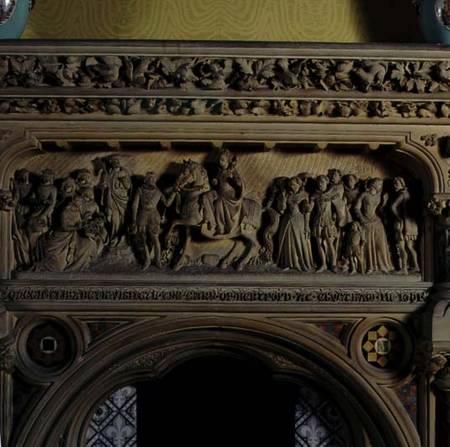 Carved fireplace in the drawing room, depicting Elizabeth I being greeted by the Earl of Hereford in od English School