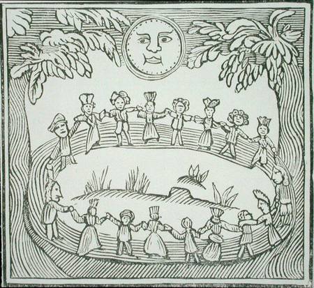 Circle of Witches Dancing Beneath a Full Moon, illustration from a collection of chapbooks on esoter od English School