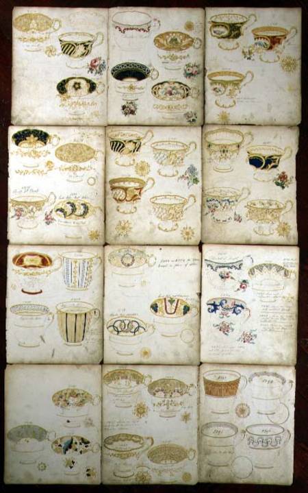 Designs for teacups produced at the Daniel Factory, Staffordshire od English School