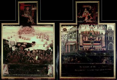 Diptych depicting the Arrival of Queen Elizabeth I (1530-1603) at Tilbury, the Defeat of the Spanish od English School