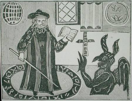 Dr Faustus in a Magic Circle, frontispiece of Gent's translation of 'Dr Faustus' od English School