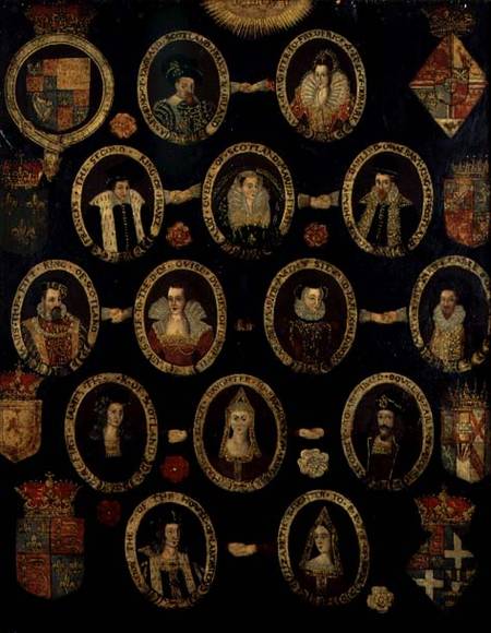 Genealogical chart tracing the Tudor roots of Mary Stuart, Queen of Scots (1542-87) and her son Jame od English School