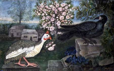 A Guinea Fowl and a Rook in a Landscape od English School