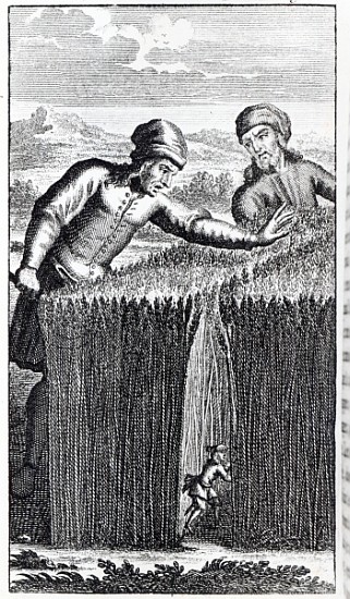 Gulliver is discovered by a farmer in Brobdingnag, illustration from ''Gulliver''s Travels''Jonathan od English School
