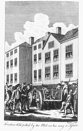 Jonathan Wild pelted the mob on his way to Tyburn, from the ''Newgate Calendar'' od English School