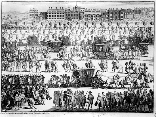 King George I procession to St. James''s Palace, 20th September 1714; engraved by Abraham Allard od English School
