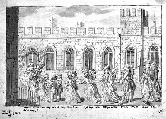 King George III and Queen Charlotte walking in procession with their fourteen children, 1781 (pen &  od English School