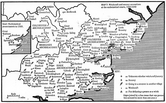 Map showing locations of prosecutions for witchcraft and accusations of sorcery at ecc;esiastical co od English School