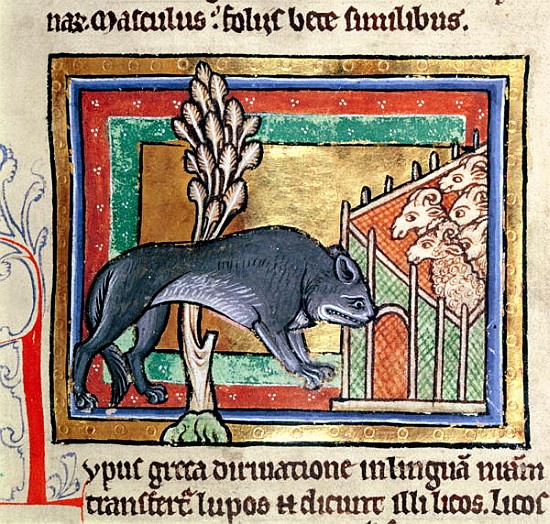 MS Roy 12 C XIX fol.19 A wolf outside a sheep fold, from a bestiary or moralised history, Durham (12 od English School