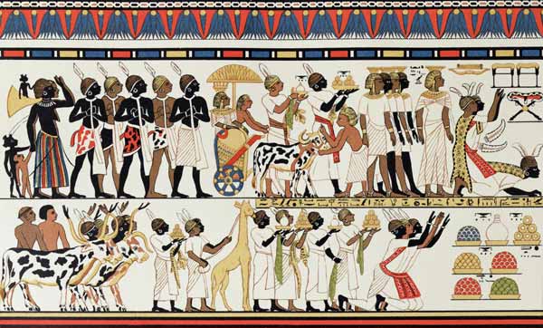 Nubian chiefs bringing presents to the King of Egypt, copy of an Ancient Egyptian wall painting from od English School