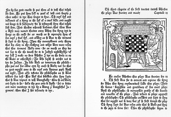 Pages from the English translation of ''De Ludo Saccorum'' Jacques de Cessoles, including an illustr od English School