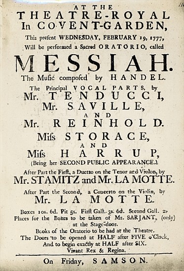 Playbill advertising a performance of Handel''s Oratorio, ''Messiah'' in 1777 od English School