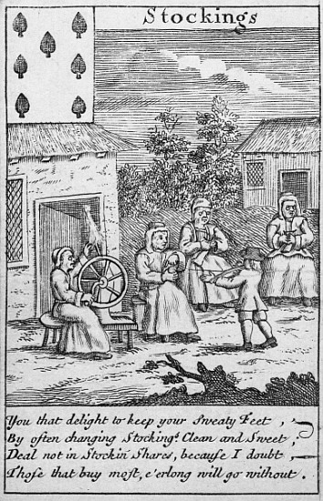 Playing Card showing workers making stockings (detail of 392627) od English School