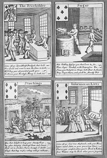 Playing Cards depicting current commercial ventures, c.1720 od English School