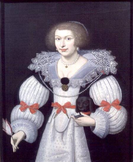 Portrait of a lady holding a dog and a tulip od English School