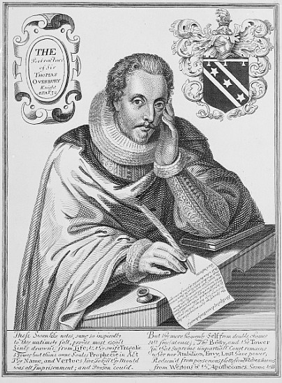 Portrait of Sir Thomas Overbury (1581-1613) writing out his epitaph; engraved by Renold Elstrack (15 od English School