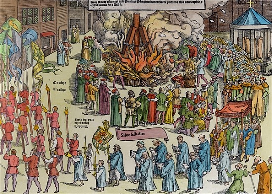 The Burning of the Remains of Martin Bucer (1491-1551) and Paul Fagius (1504-49) on Market Hill in C od English School