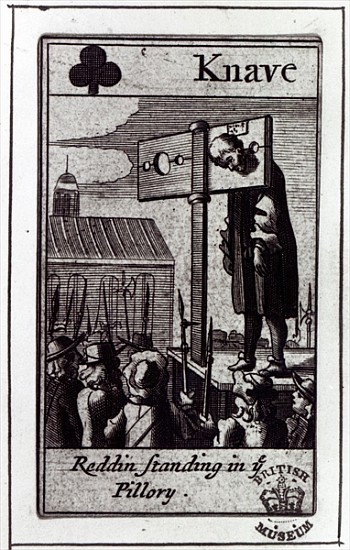 The Knave of Clubs, from a pack of Cards relating to the 1678 Popish Plot and the condemnation of Na od English School