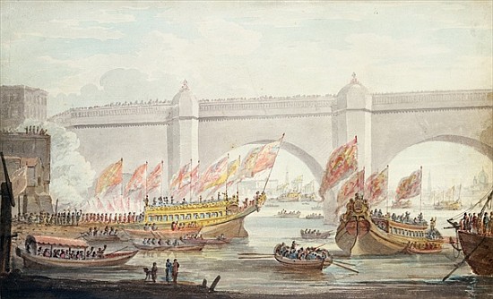 The Lord Mayor landing at Westminster, with a View of the Bridge od English School