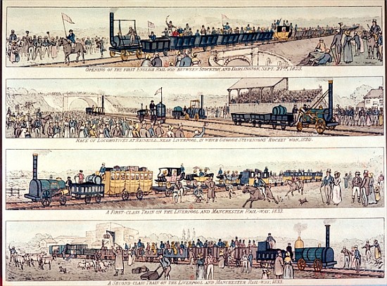 The opening of the Stockton and Darlington railroad, 1825; Locomotive race at Rainhill, near Liverpo od English School