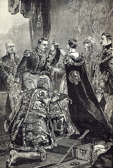 The Queen investing the Emperor of the French with the Order of the Garter od English School