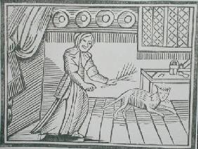 An old woman whipping her cat for catching mice on a Sunday, from a collection of chapbooks on esote