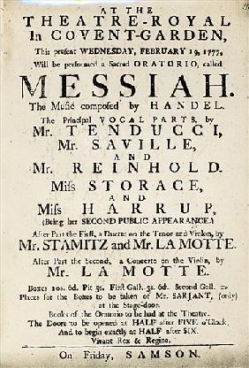 Playbill advertising a performance of Handel''s Oratorio, ''Messiah'' in 1777