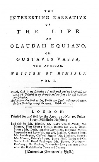 Title page to ''The Interesting Narrative of the Life of Olaudah Equiano, or Gustavus Vassa, the Afr od English School