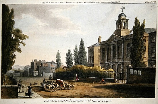 Tottenham Court Road Turnpike and St. James''s Chapel, from ''Ackerman''s Repository of Arts'' publi od English School