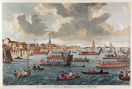 View of Gravesend with troops crossing the Thames to Tilbury Fort od English School