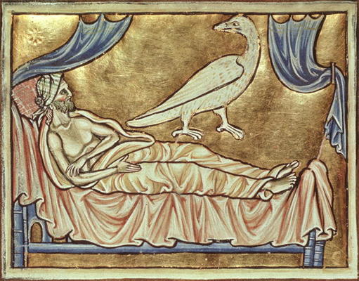 Roy 12 C XIX f.47v Caladrius bird, reputed to foretell the fate of a sick man, above a man in bed, f od English School, (13th century)
