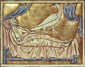 Roy 12 C XIX f.47v Caladrius bird, reputed to foretell the fate of a sick man, above a man in bed, f