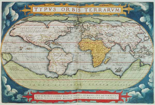 Map charting Sir Francis Drake's (c.1540-96) circumnavigation of the globe, engraved by Frans Hogenb od English School, (16th century)