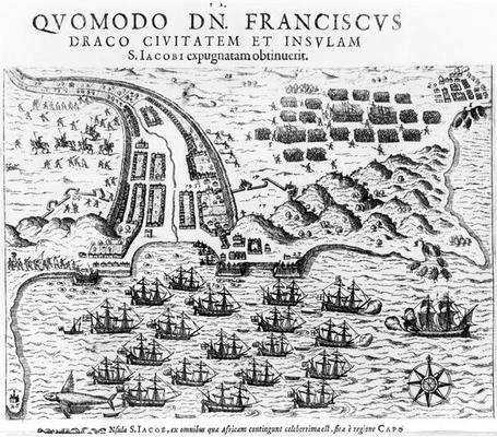 Plan Showing how Francis Drake (c.1540-96) Stormed and Held the Island of San Jacob (engraving) (b/w od English School, (17th century)