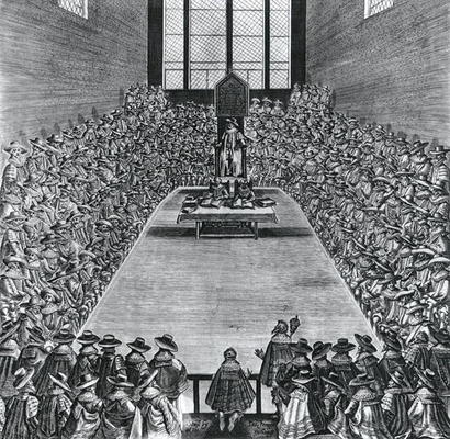 King James I (1566-1625) in the Houses of Parliament, 1624 (engraving) (b/w photo) od English School, (17th century)