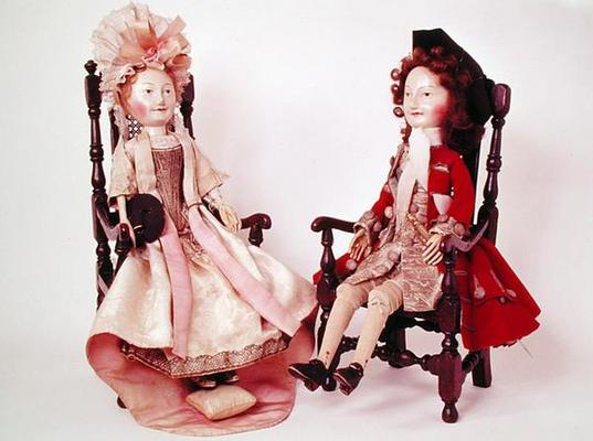 Lord and Lady Clapham, c.1680s (wooden dolls) (see also 2453) od English School, (17th century)