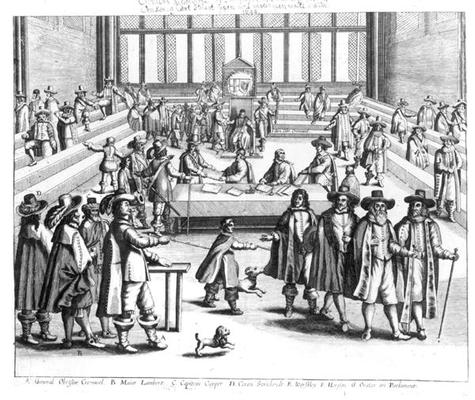 Oliver Cromwell (1599-1658) Dissolving The Parliament (engraving) (b/w photo) od English School, (17th century)