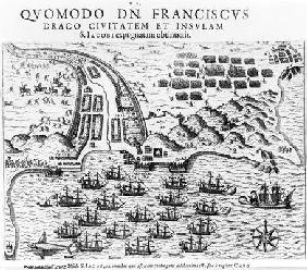 Plan Showing how Francis Drake (c.1540-96) Stormed and Held the Island of San Jacob (engraving) (b/w
