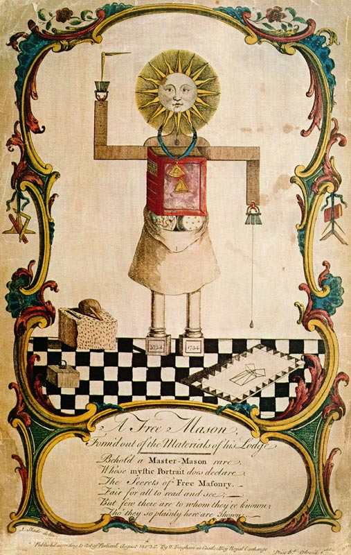 A freemason forged through the tools of his lodge, 1754 (coloured engraving) od English School, (18th century)