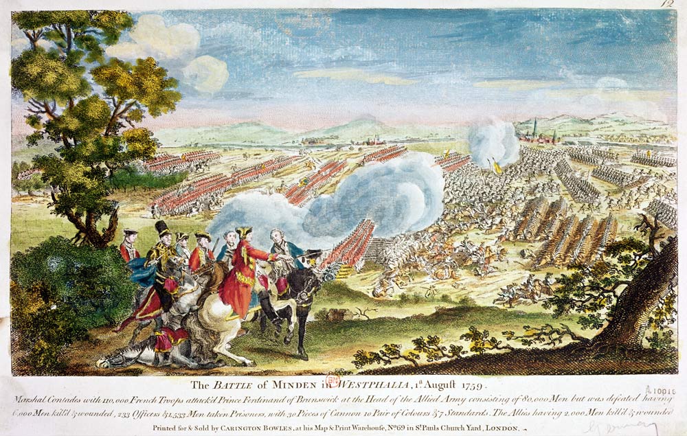 The Battle of Minden in Westphalia in 1759 (colour litho) od English School, (18th century)